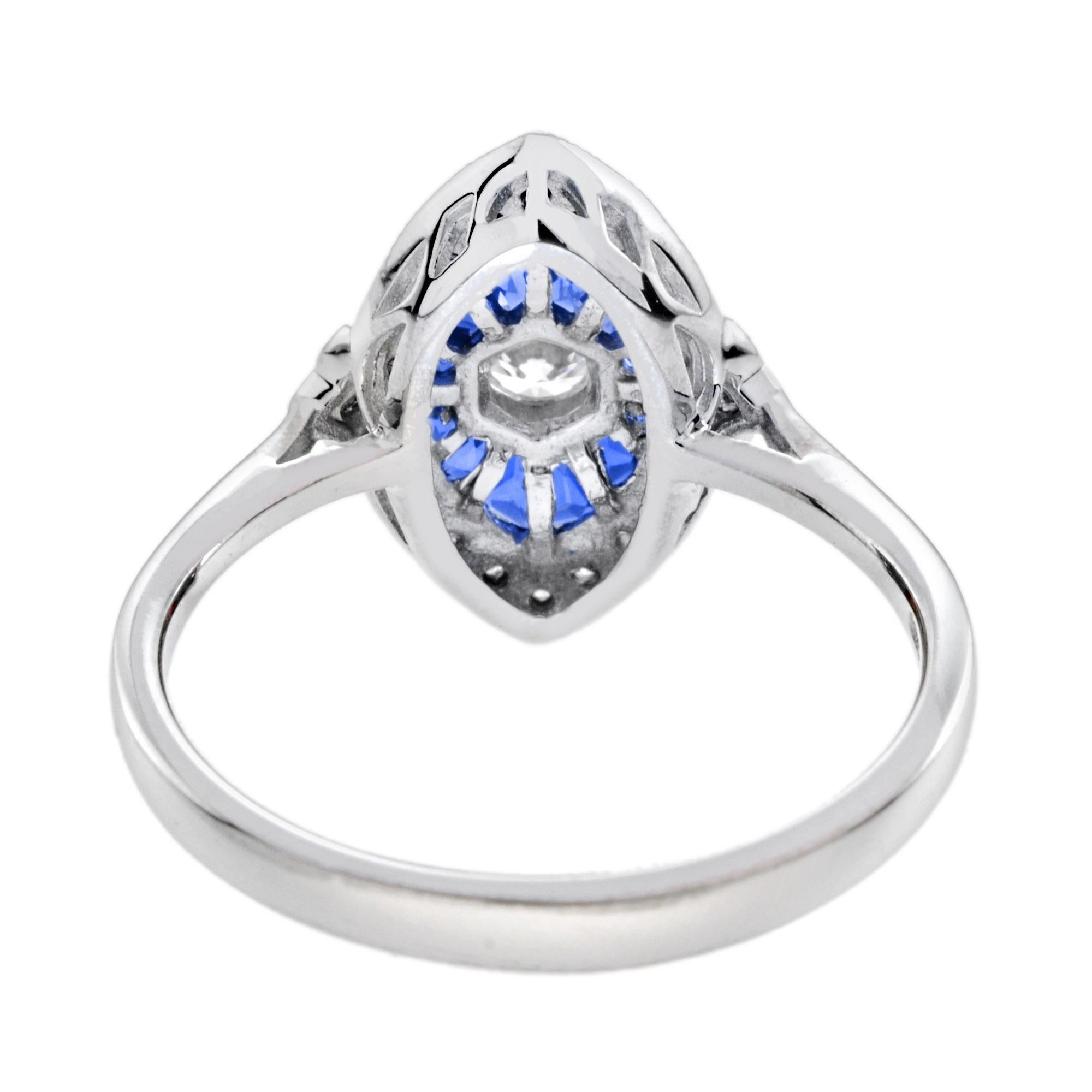 Taille ronde Bague en or blanc 14K avec diamant et saphir bleu de style Art déco en vente