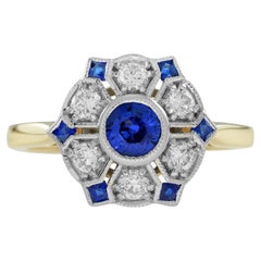 Blue Sapphire & Diamond Antique Style Floral Cluster 14K Yellow Gold Ring