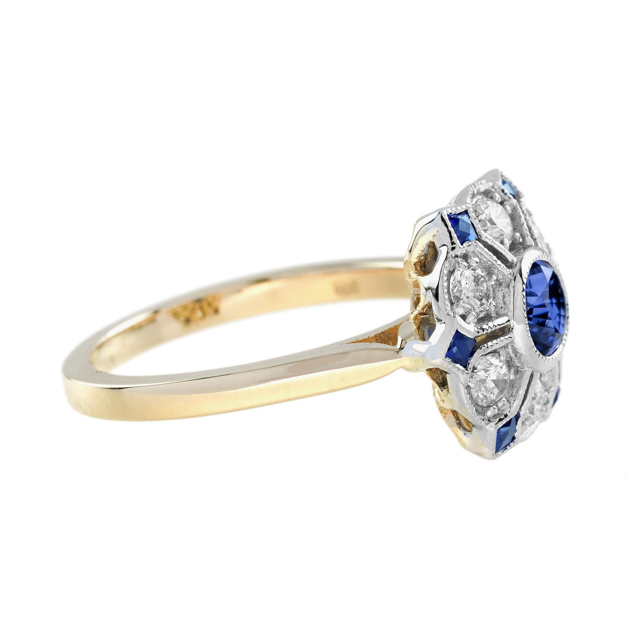 Art déco Bague en or jaune 14K, saphir bleu et diamant, style antique, avec grappe florale en vente