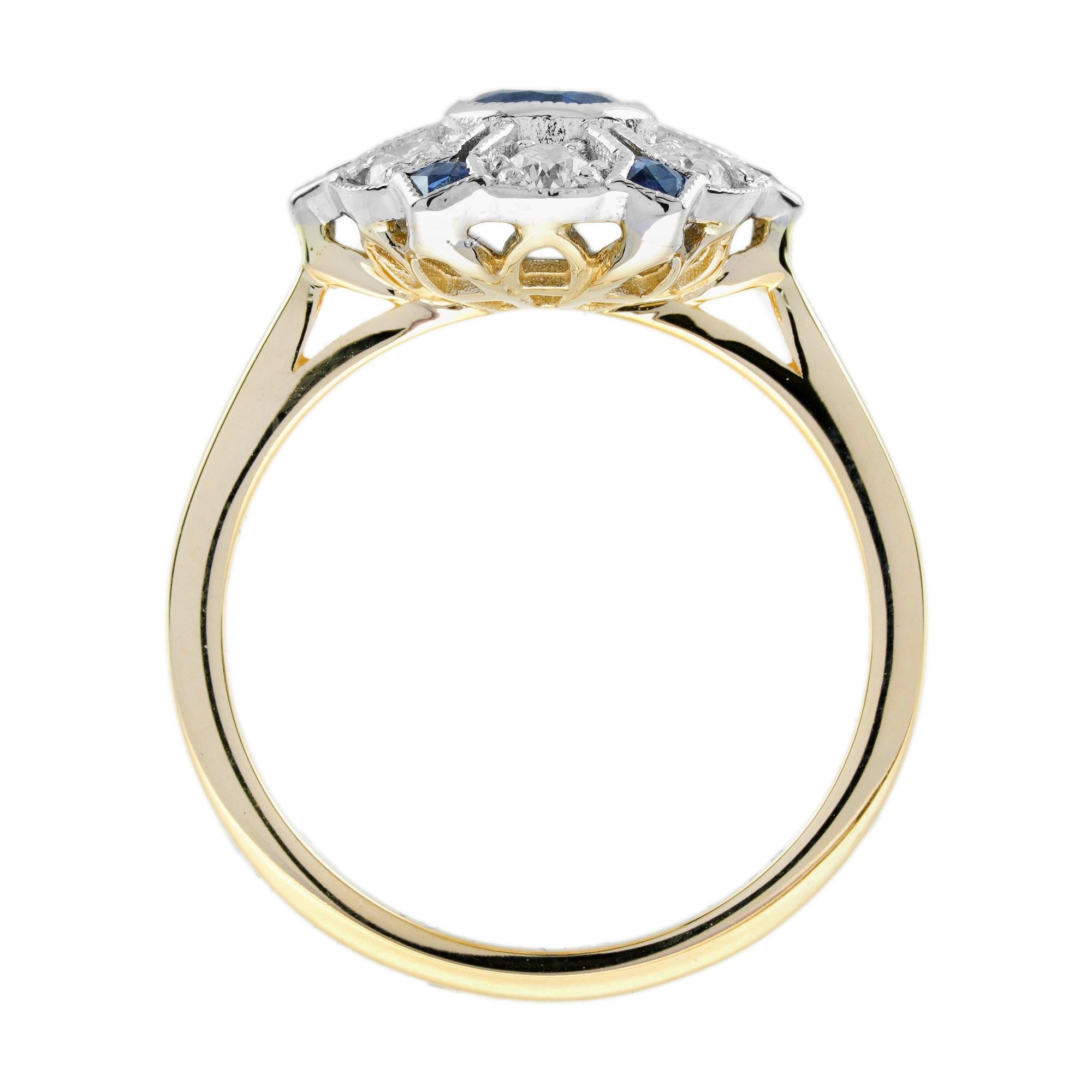Bague en or jaune 14K, saphir bleu et diamant, style antique, avec grappe florale Neuf - En vente à Oakton, VA