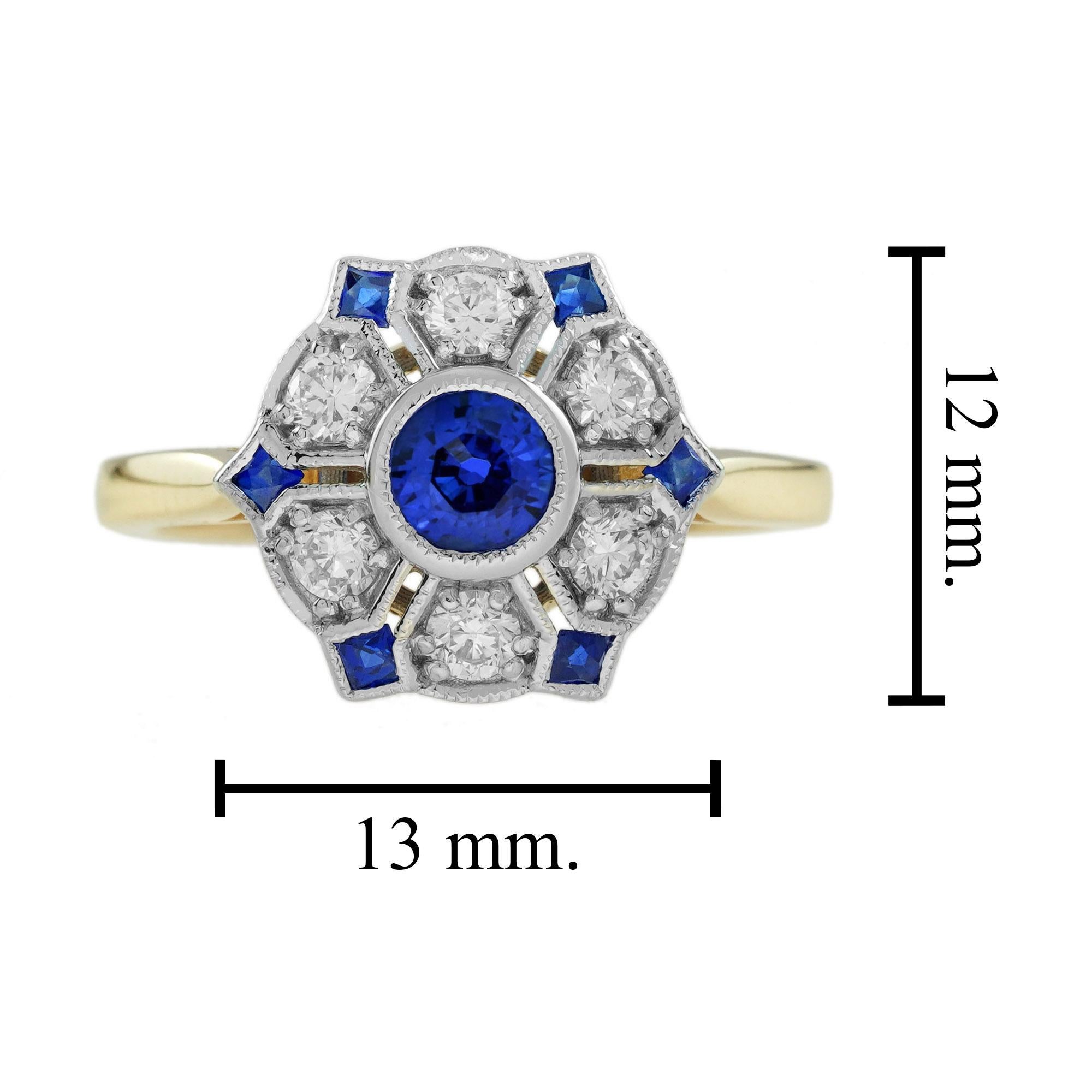Bague en or jaune 14K, saphir bleu et diamant, style antique, avec grappe florale Pour femmes en vente