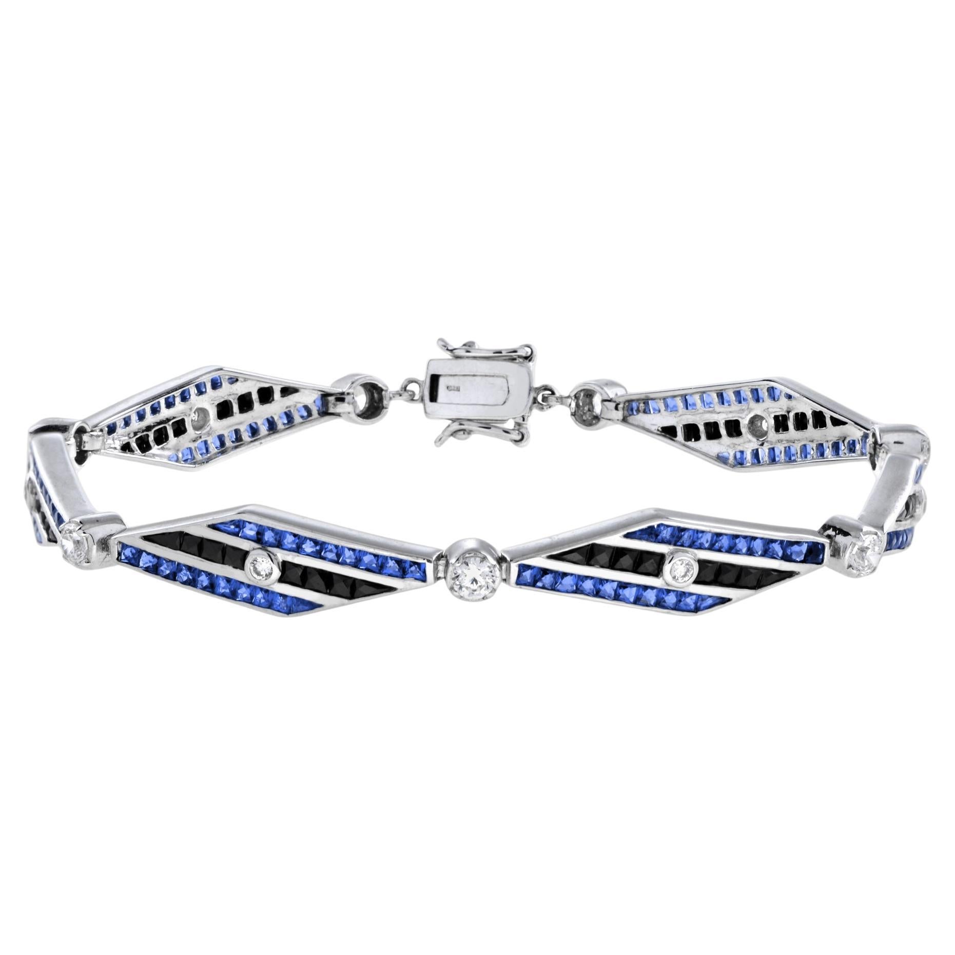 Bracciale in oro bianco 14 carati con diamanti, zaffiri blu e onice nera in stile Art Deco in vendita