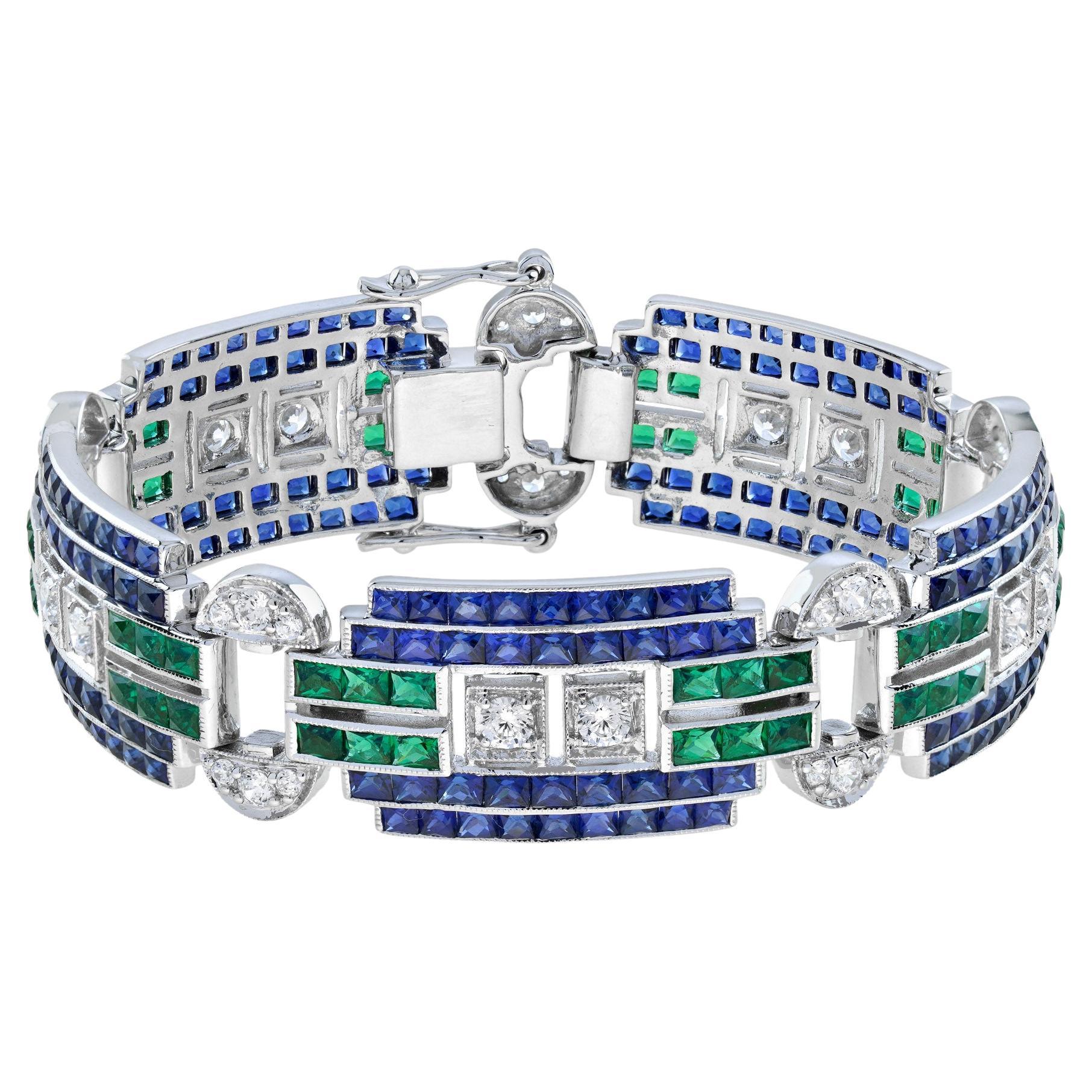 Bracelet large unique en or blanc, diamant et saphir bleu émeraude de style Art déco
