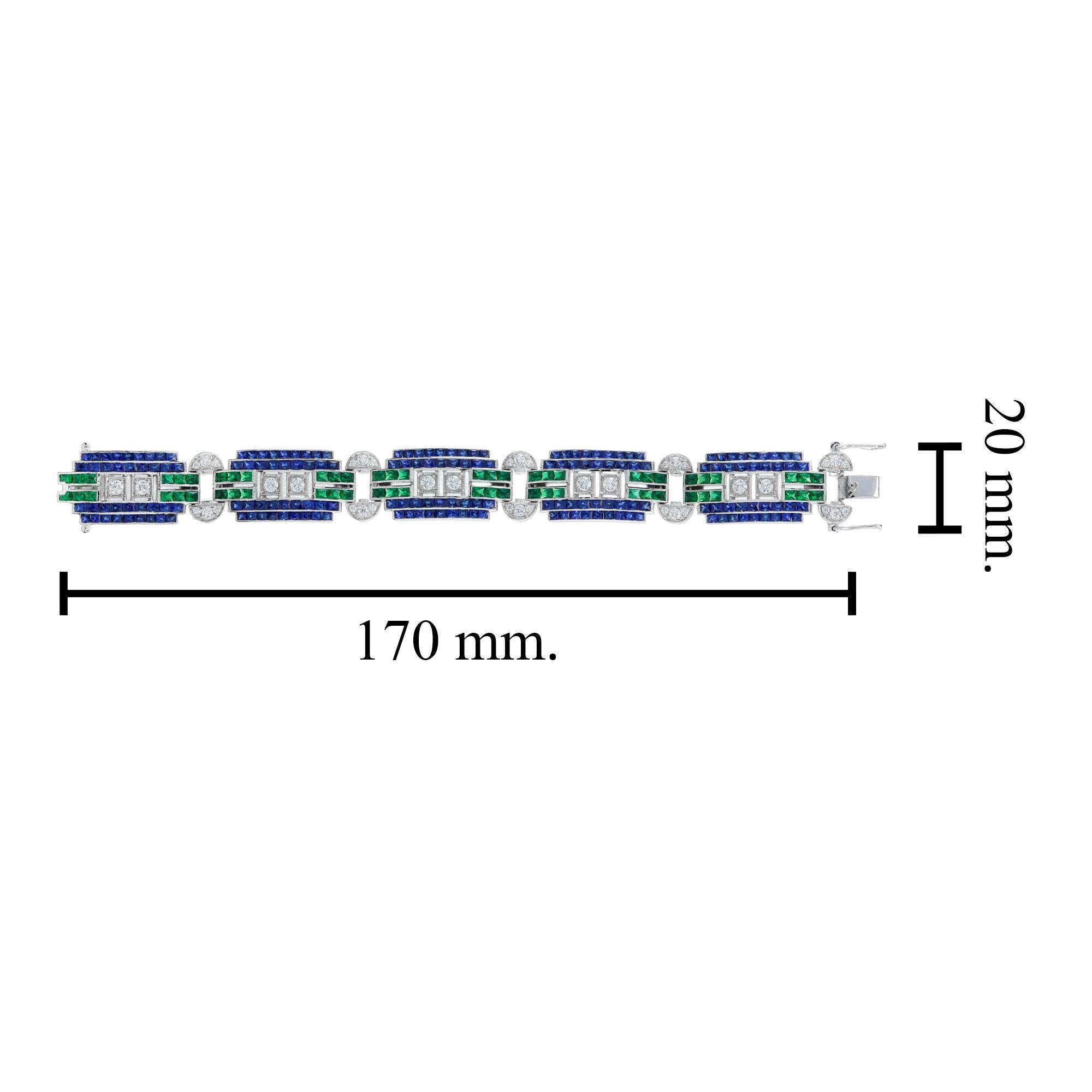 Bracelet large unique en or blanc, diamant et saphir bleu émeraude de style Art déco Pour femmes en vente