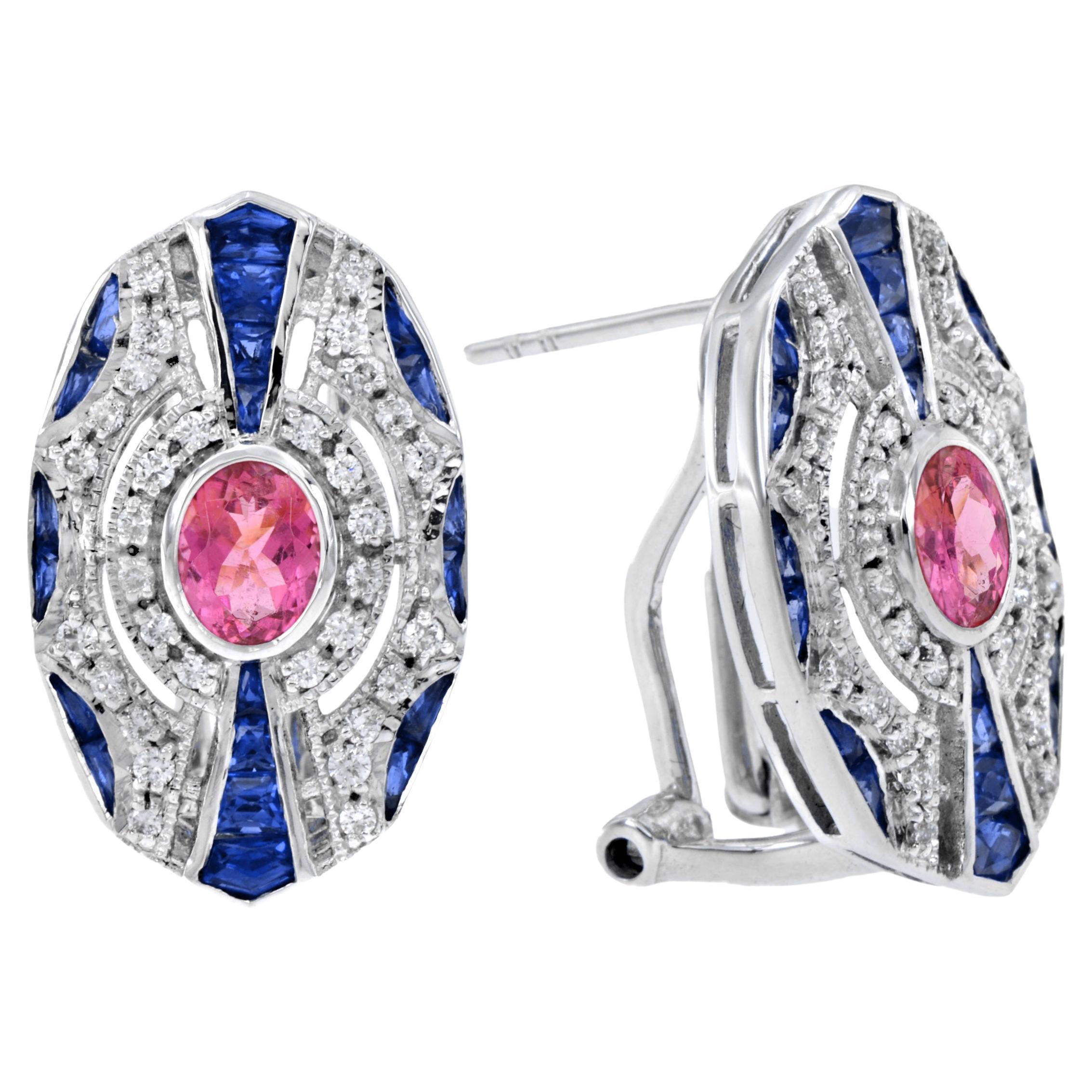 Orecchini in oro bianco Omega con tormalina rosa, zaffiro blu e diamanti in vendita