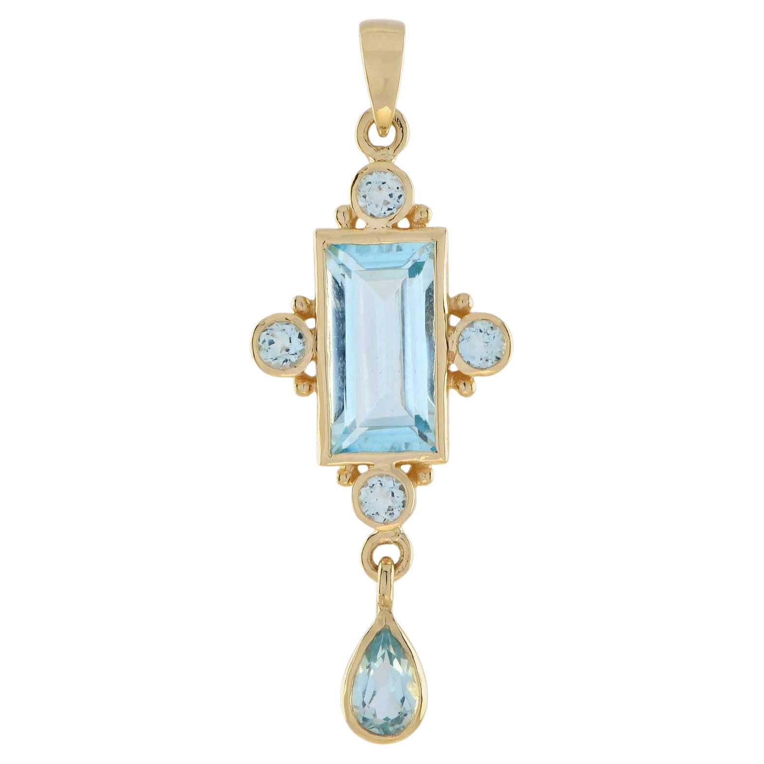 Ciondolo a goccia in oro giallo 14K con lunetta in Topazio Blu in stile Vintage in vendita