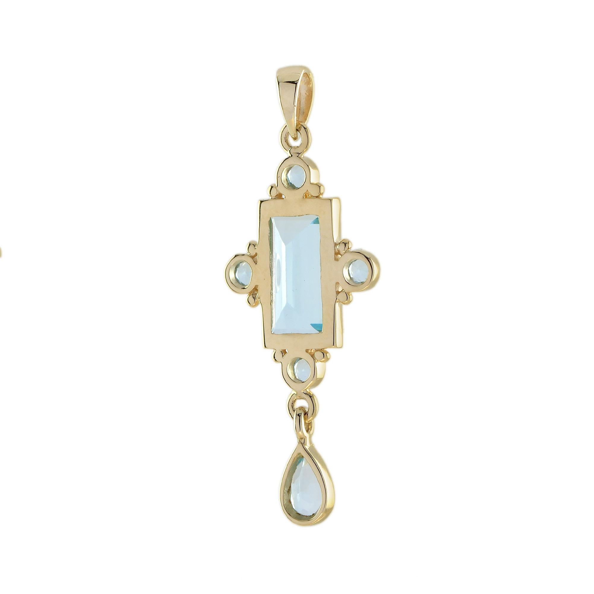 Art Déco Ciondolo a goccia in oro giallo 14K con lunetta in Topazio Blu in stile Vintage in vendita