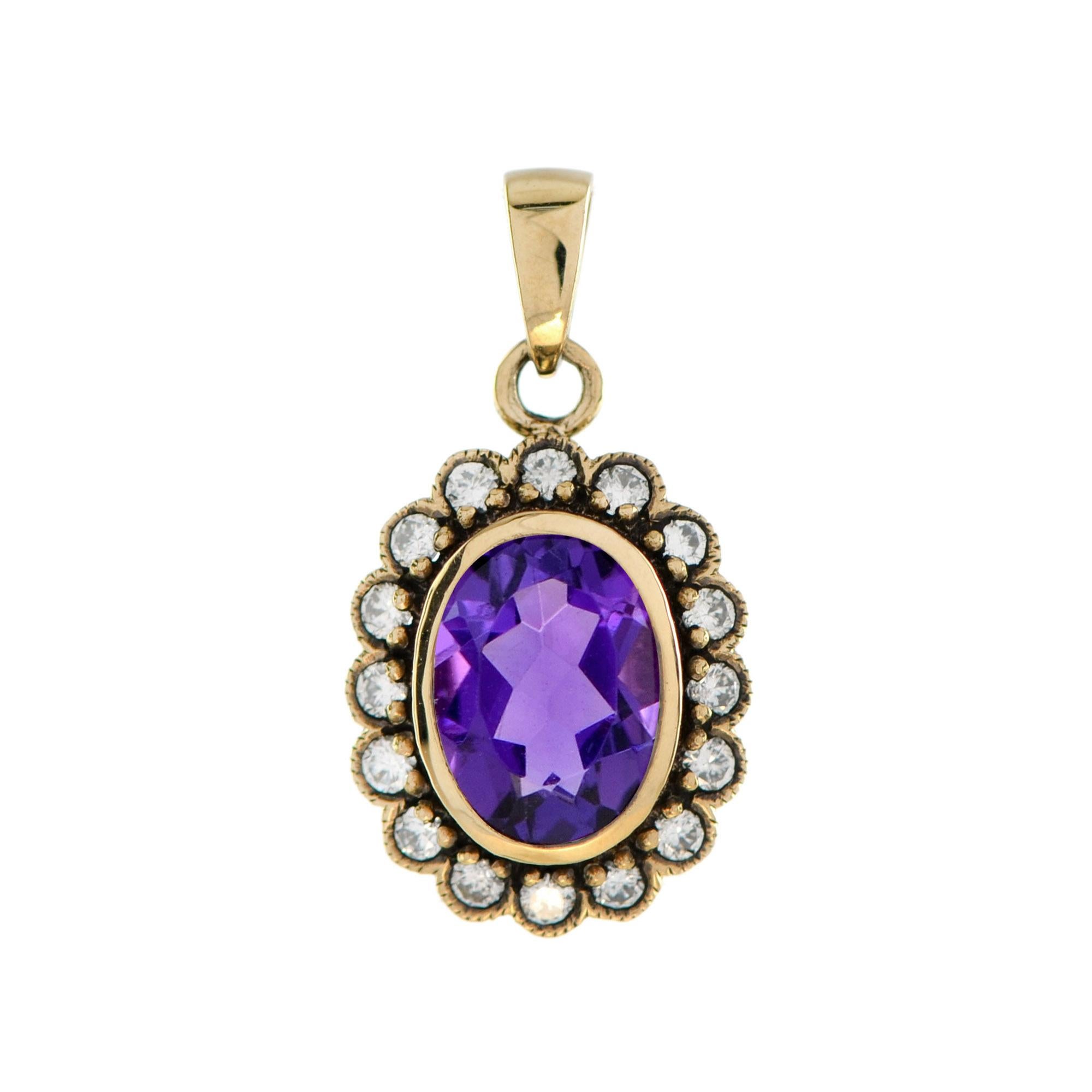 Pendentif en or 14K de style vintage avec améthyste violette et diamant en vente