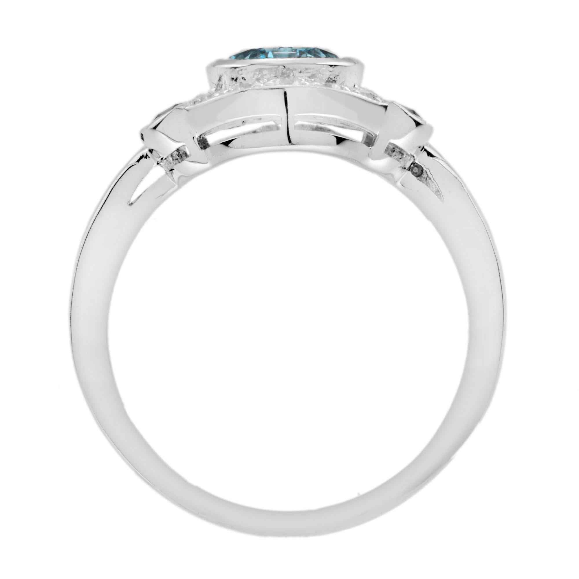Bague en or blanc 14 carats, topaze bleue de Londres, diamant, onyx noir, style art déco Neuf - En vente à Oakton, VA