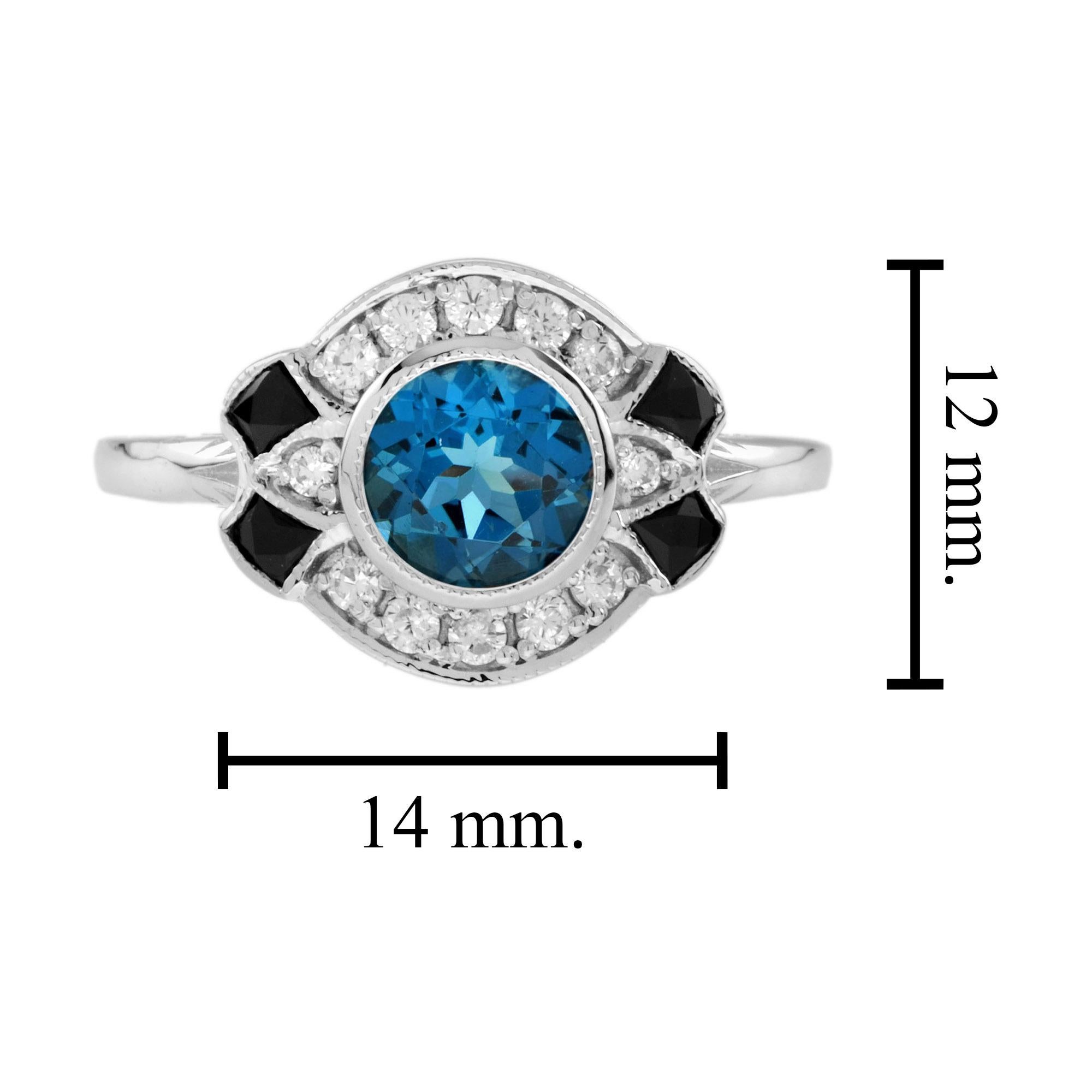 Bague en or blanc 14 carats, topaze bleue de Londres, diamant, onyx noir, style art déco Pour femmes en vente