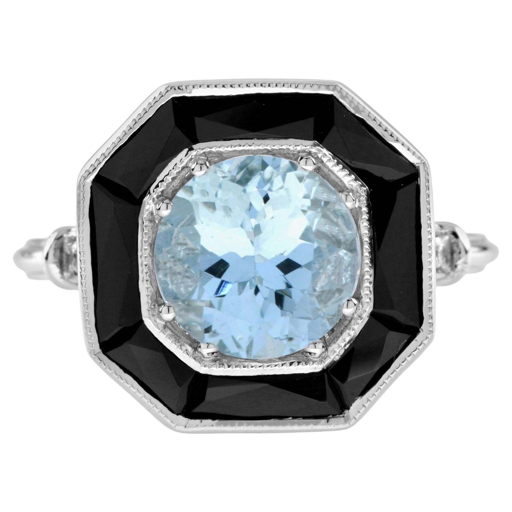 Bague en or blanc 14K avec halo d'aigue-marine bleue et d'onyx noir de style Art Déco