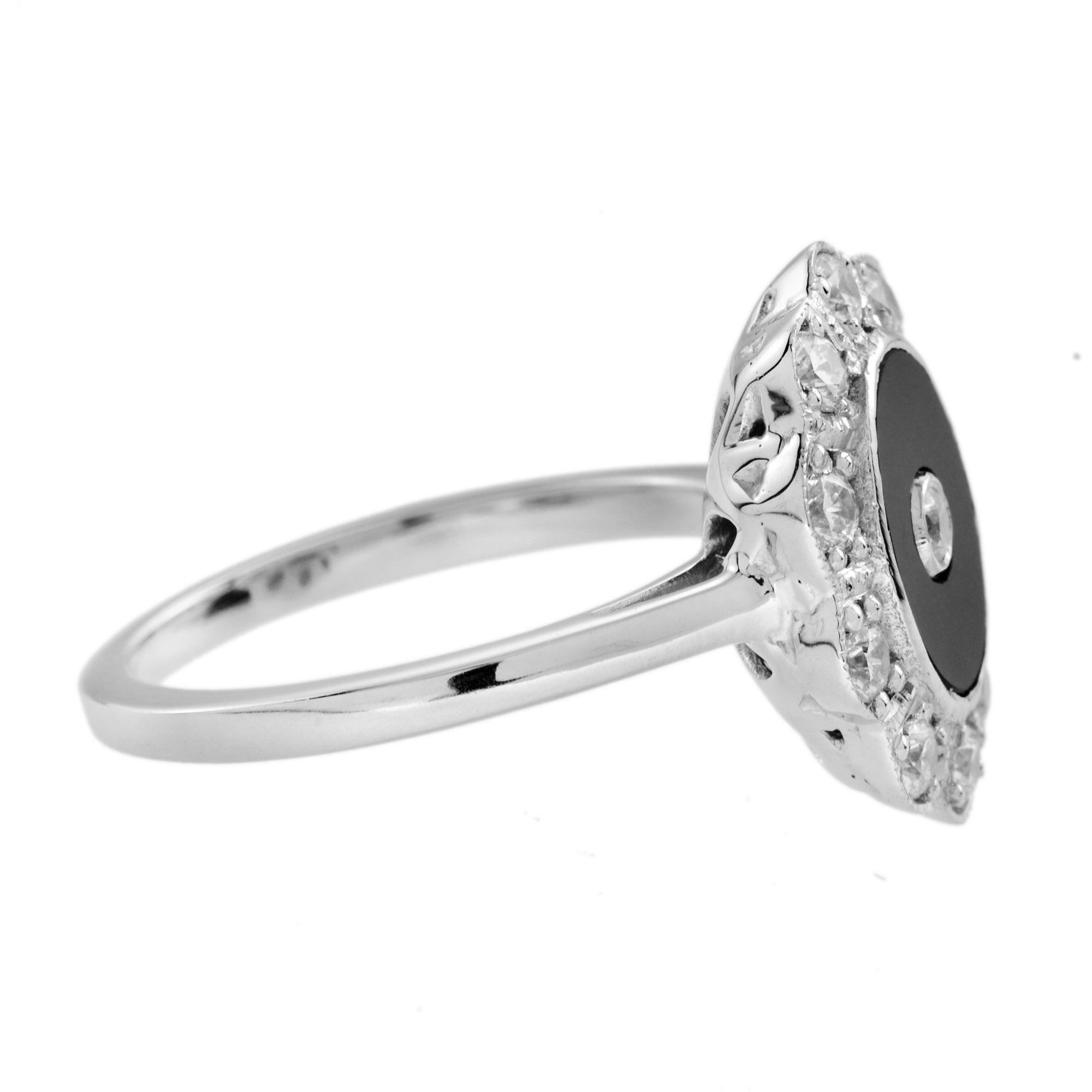 Art Déco Anello con diamante e onice nero in oro bianco 14 carati, stile Vintage Halo in vendita
