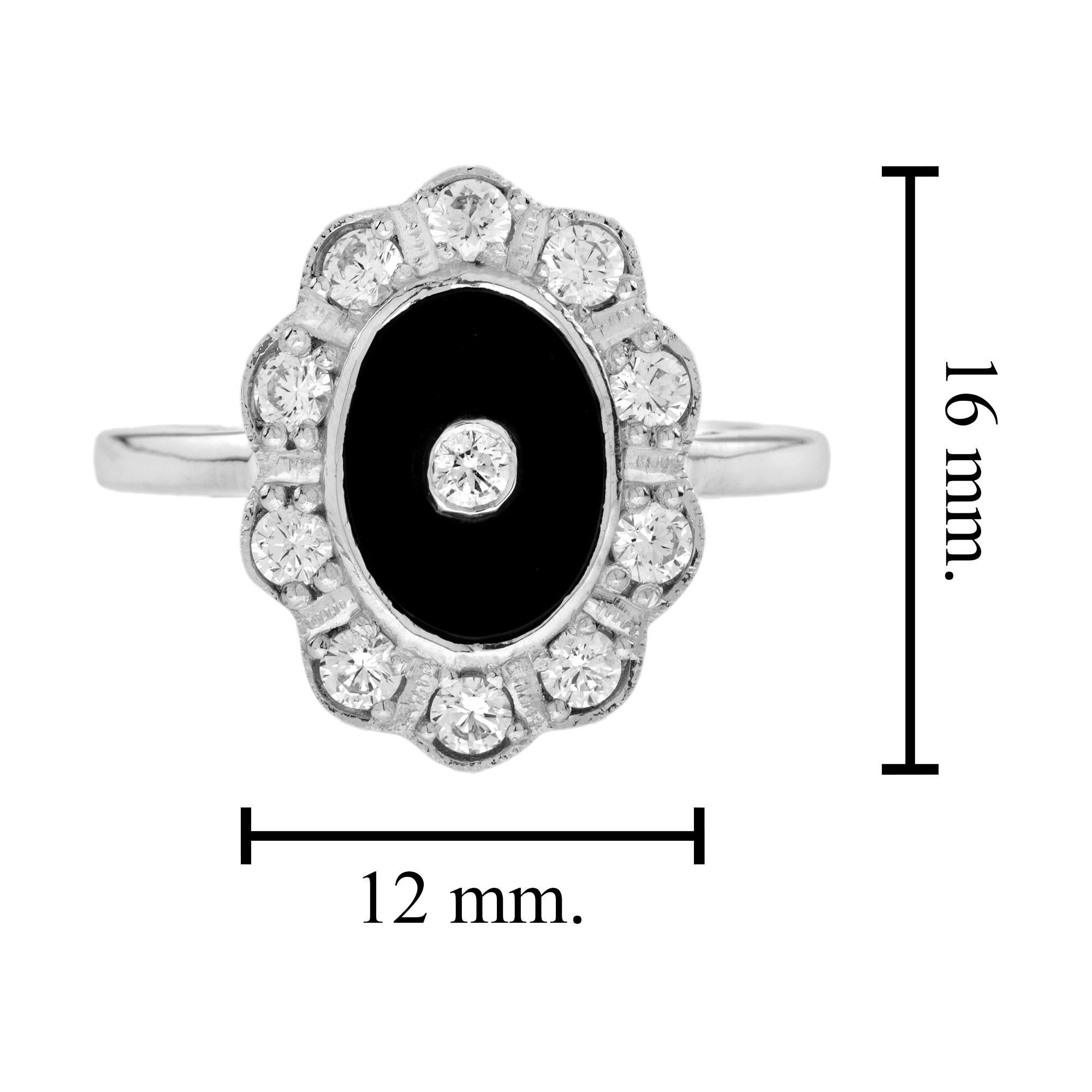 Anello con diamante e onice nero in oro bianco 14 carati, stile Vintage Halo In condizioni Nuovo in vendita a Oakton, VA