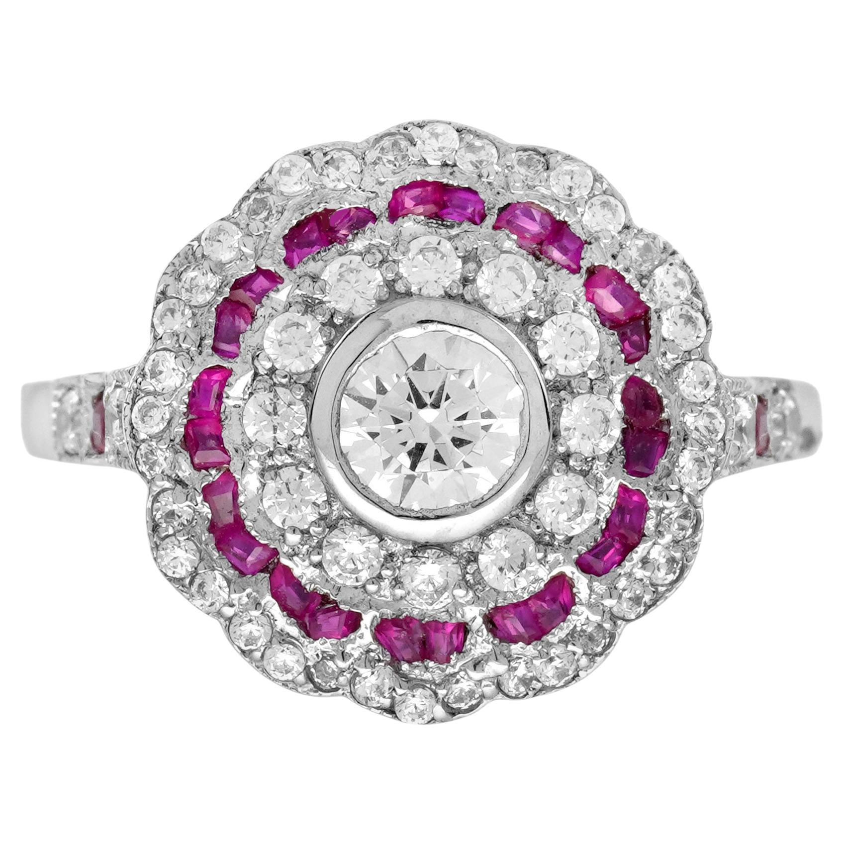 Anillo de Oro Blanco con Diamante y Rubí Rosa Rojo Estilo Art Decó Halo Floral