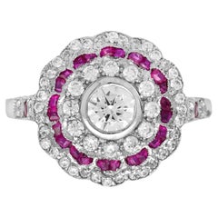 Diamond & Red Pink Ruby Art Deco Style Floral Halo White Gold Ring