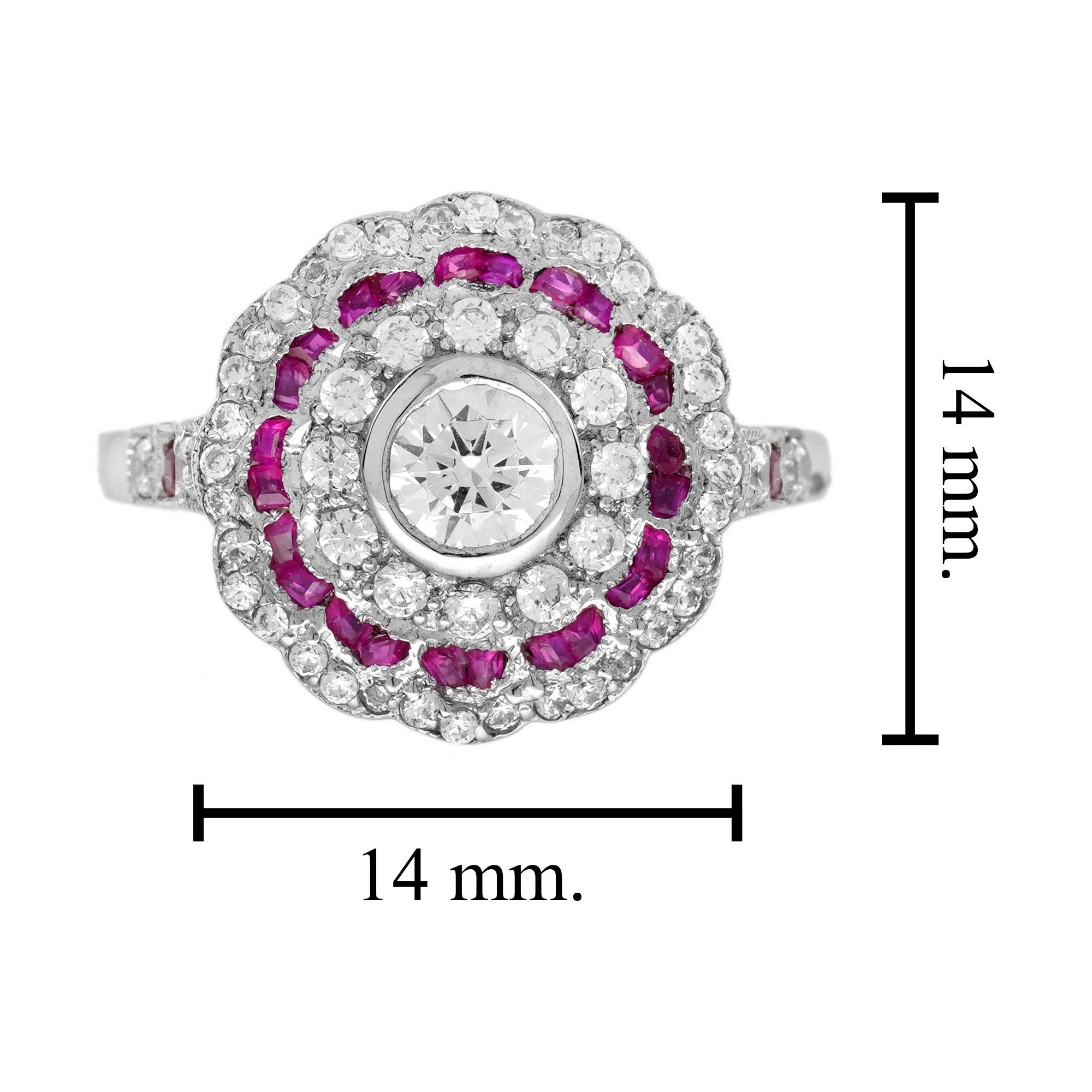 Anello in oro bianco con diamanti e rubini rosa rossi in stile Art Deco con alone floreale In condizioni Nuovo in vendita a Oakton, VA