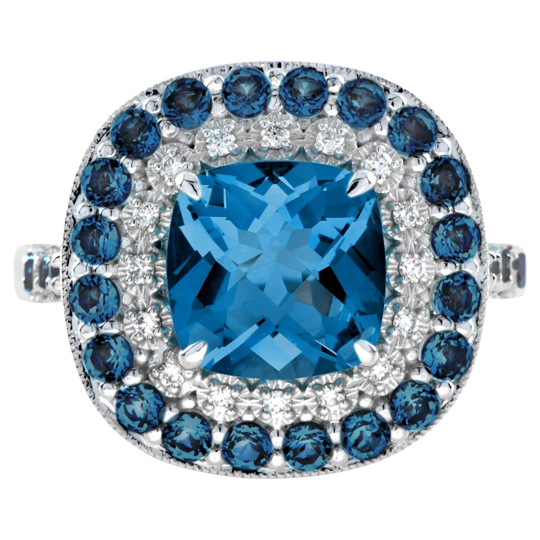 Bague en or blanc 14K avec double halo de diamants et de topazes bleues de Londres en forme de coussin