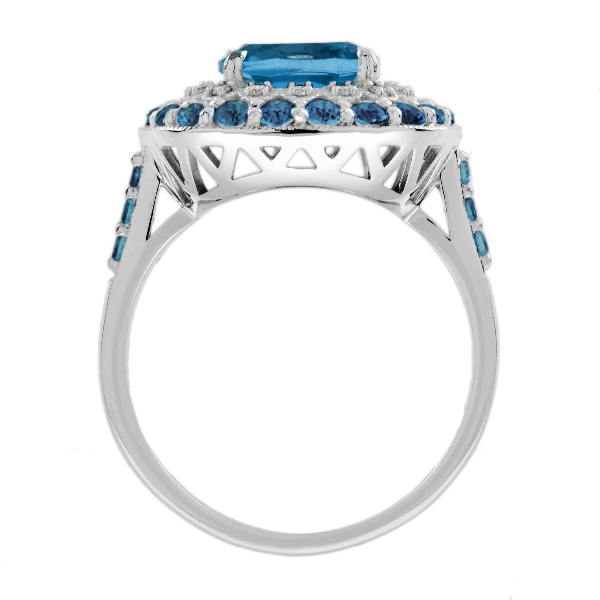 Anello in oro bianco 14 carati con doppio alone di diamanti e topazio blu londinese a cuscino In condizioni Nuovo in vendita a Oakton, VA