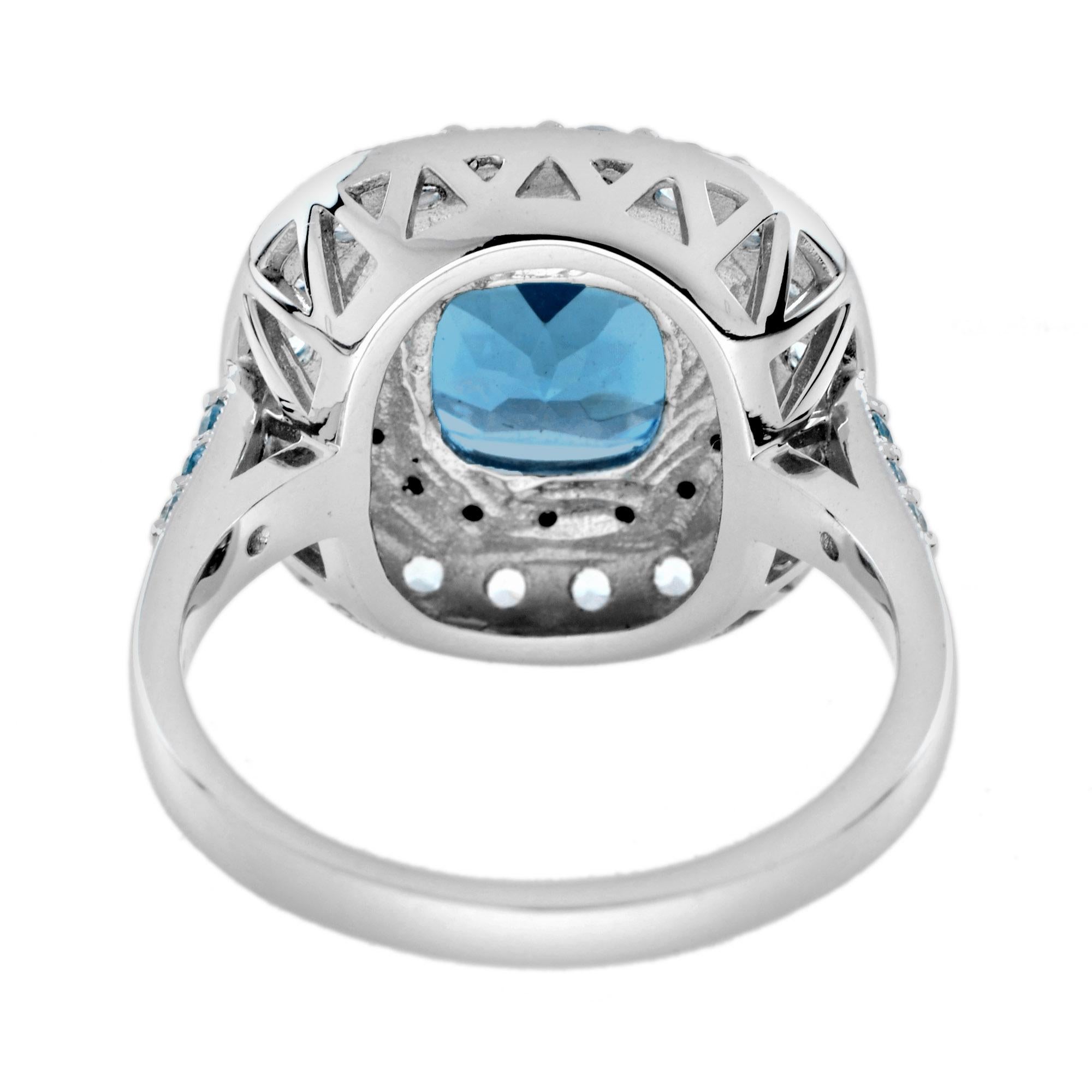 Taglio cuscino Anello in oro bianco 14 carati con doppio alone di diamanti e topazio blu londinese a cuscino in vendita