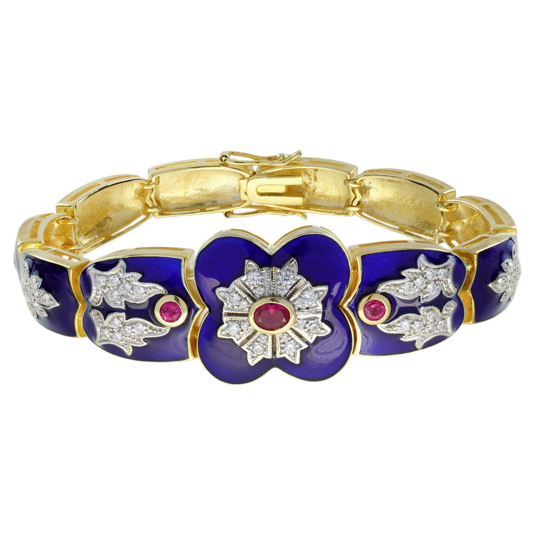Bracciale in oro giallo 14K con diamante e rubino e smalto blu di ispirazione antica in vendita