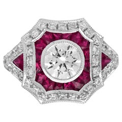 Round Shape Brilliant Cut Diamond & Ruby Art Deco Style 18K White Gold Ring