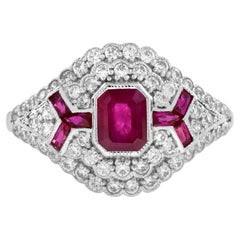 Ruby & Pave Diamond Art Deco Inspired Style Statement 14K White Gold Ring