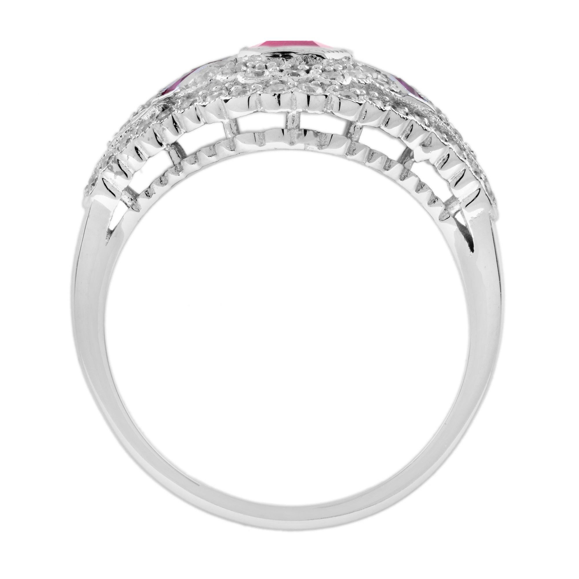 Donna Anello con rubino e pavé di diamanti in stile Art Déco in oro bianco 14K in vendita