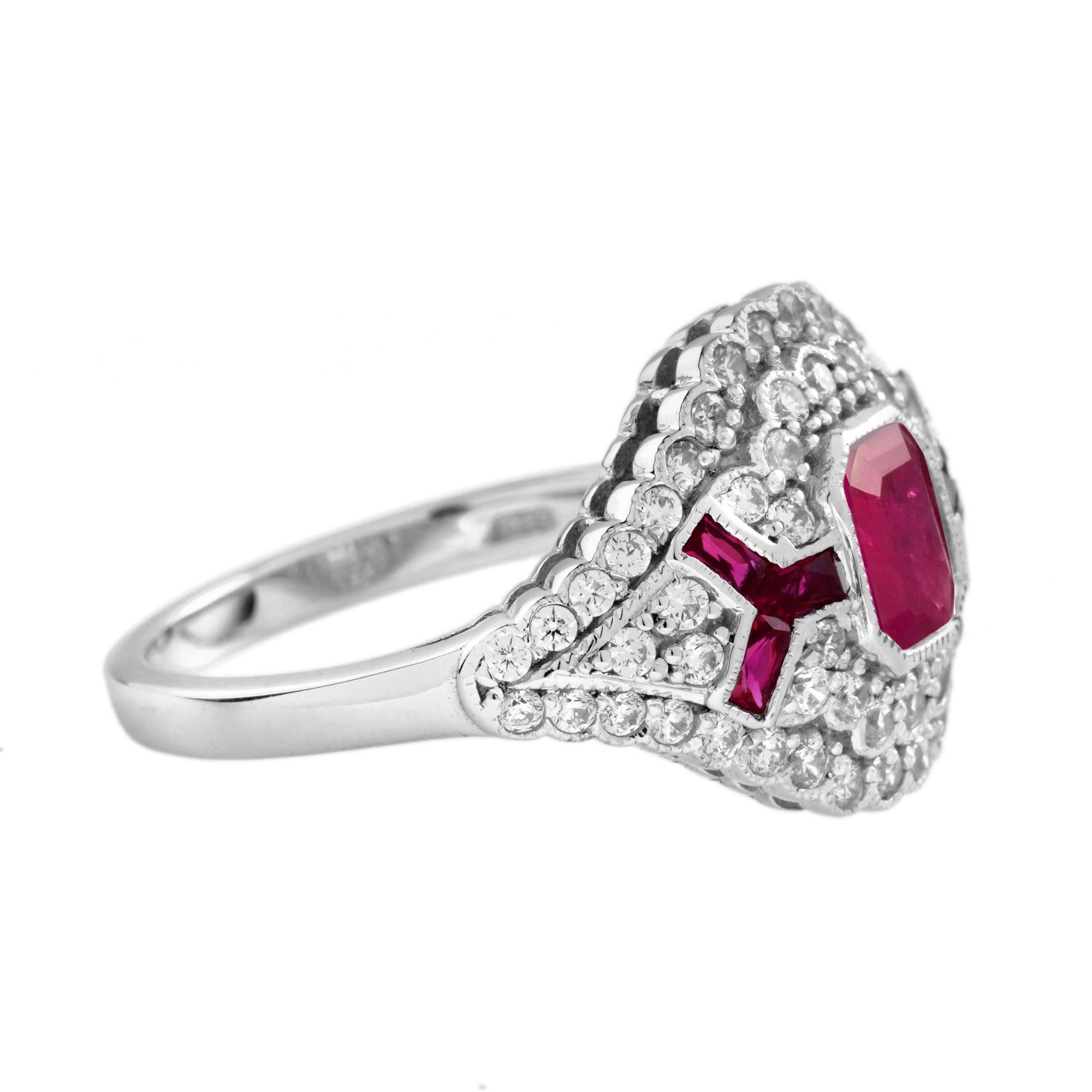 Ottagono Anello con rubino e pavé di diamanti in stile Art Déco in oro bianco 14K in vendita