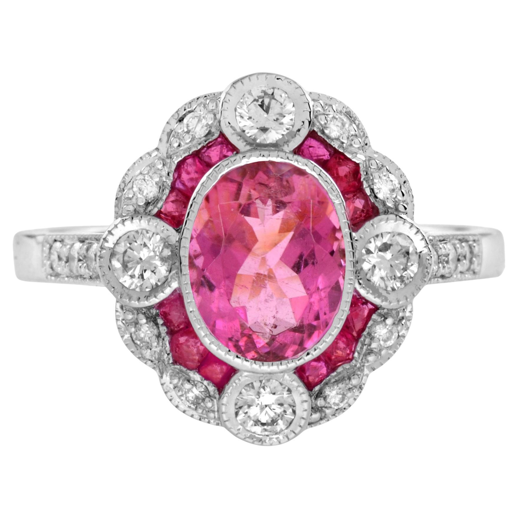 Anello in oro bianco di forma ovale con tormalina rosa e diamante e rubino di ispirazione vintage