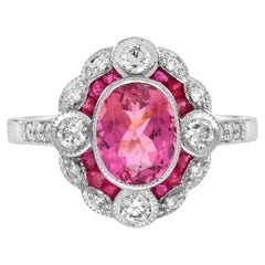 Oval Shape Pink Tourmaline & Ruby Diamond Vintage Inspired Style White Gold Ring