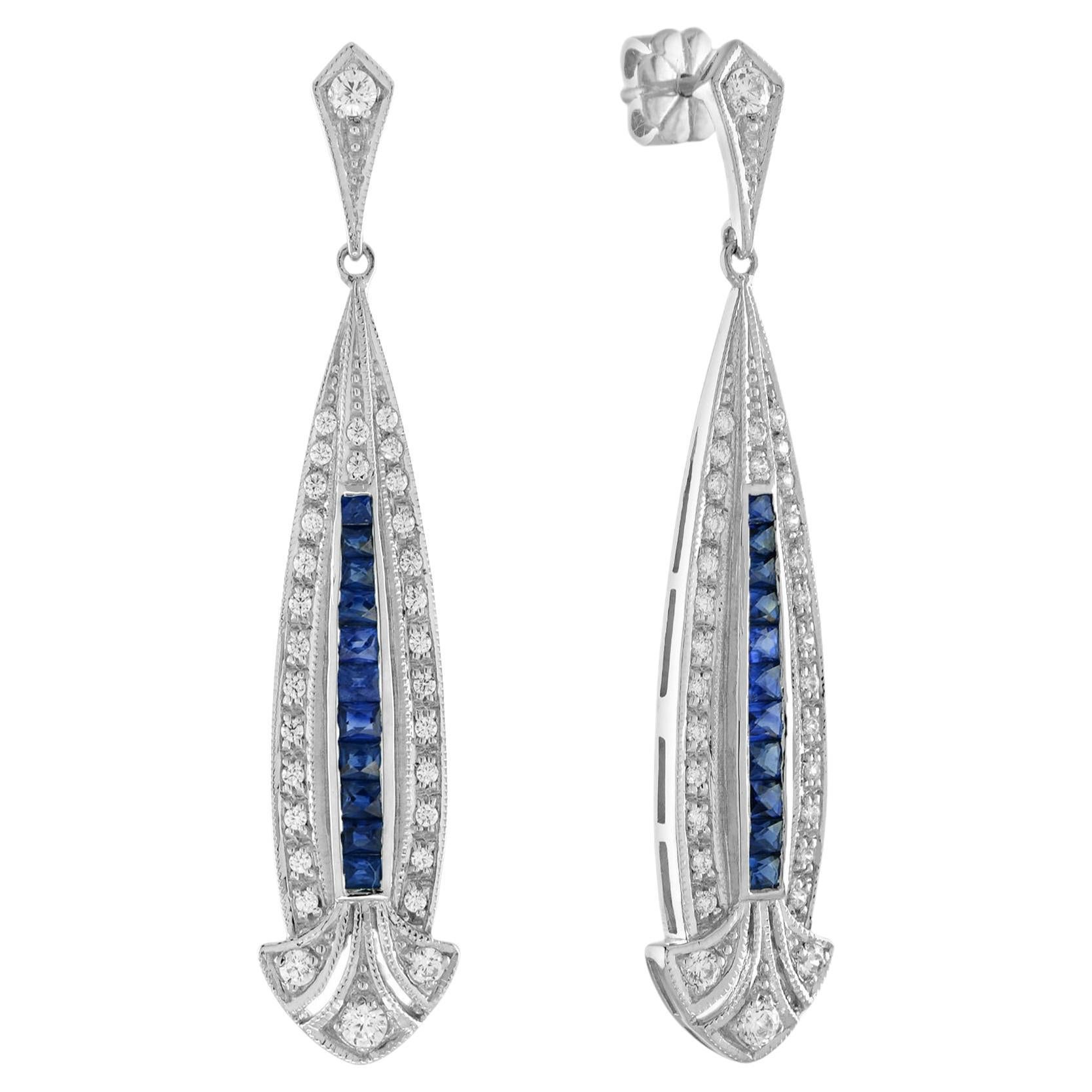 Boucles d'oreilles pendantes en or blanc 14K, saphir bleu et diamant, style Art Déco