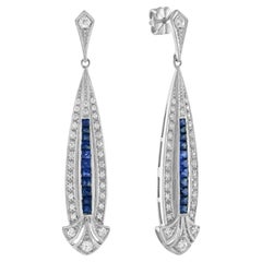 Blauer Saphir & Diamant Art Deco Stil Tropfen 14K Weißgold Ohrringe