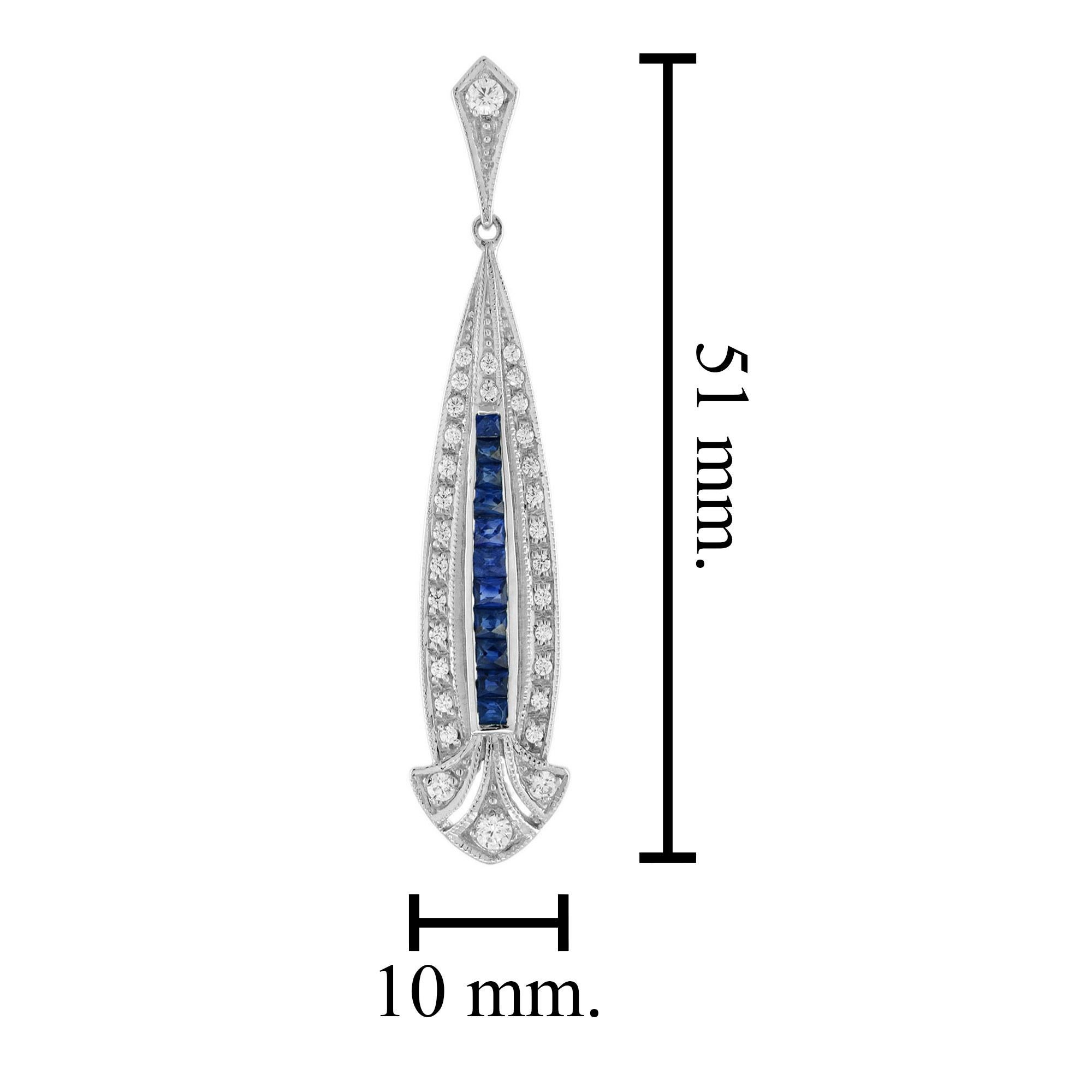 Taille ronde Boucles d'oreilles pendantes en or blanc 14K, saphir bleu et diamant, style Art Déco en vente