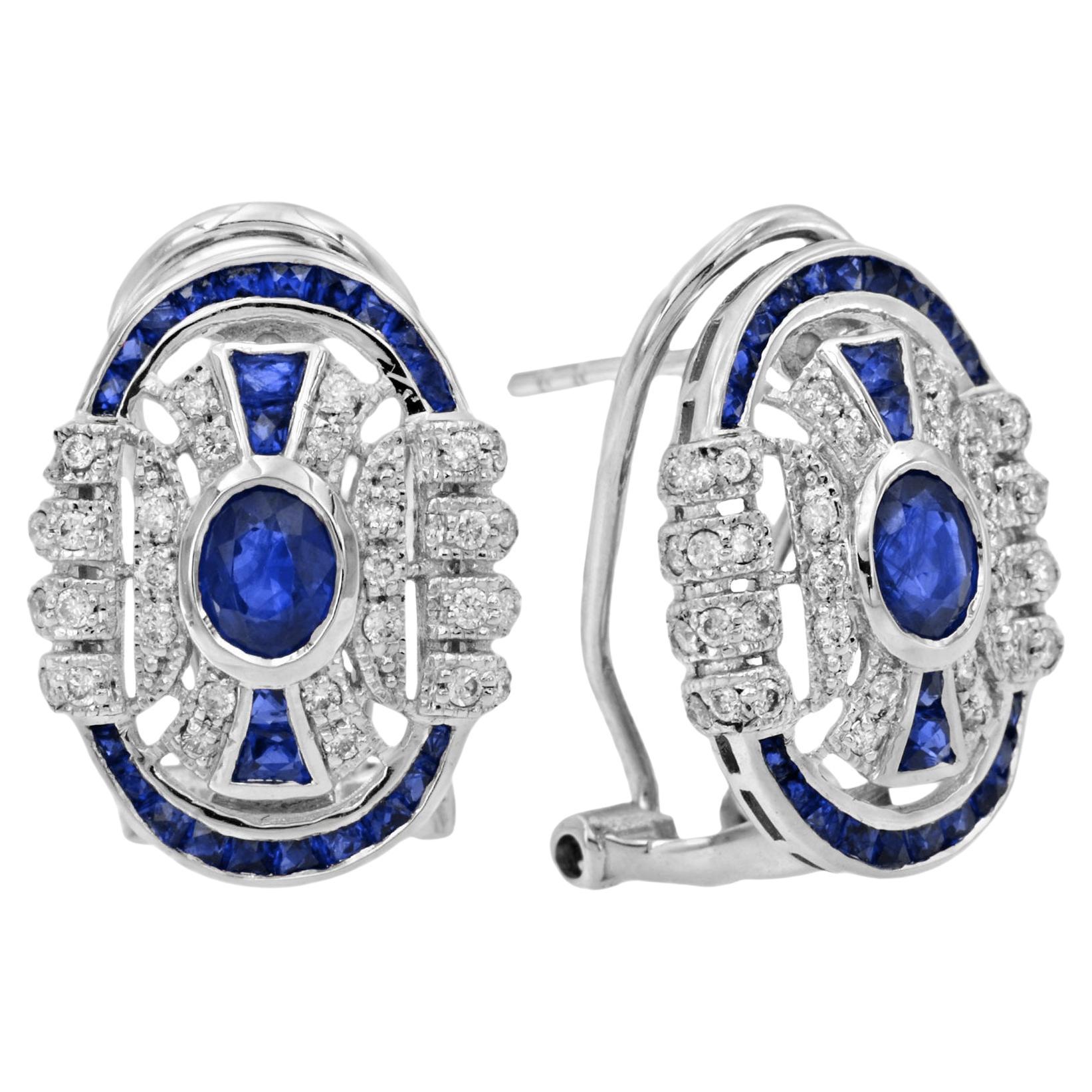 Boucles d'oreilles saphir bleu et diamant style Art Déco Omega en or blanc 14K en vente