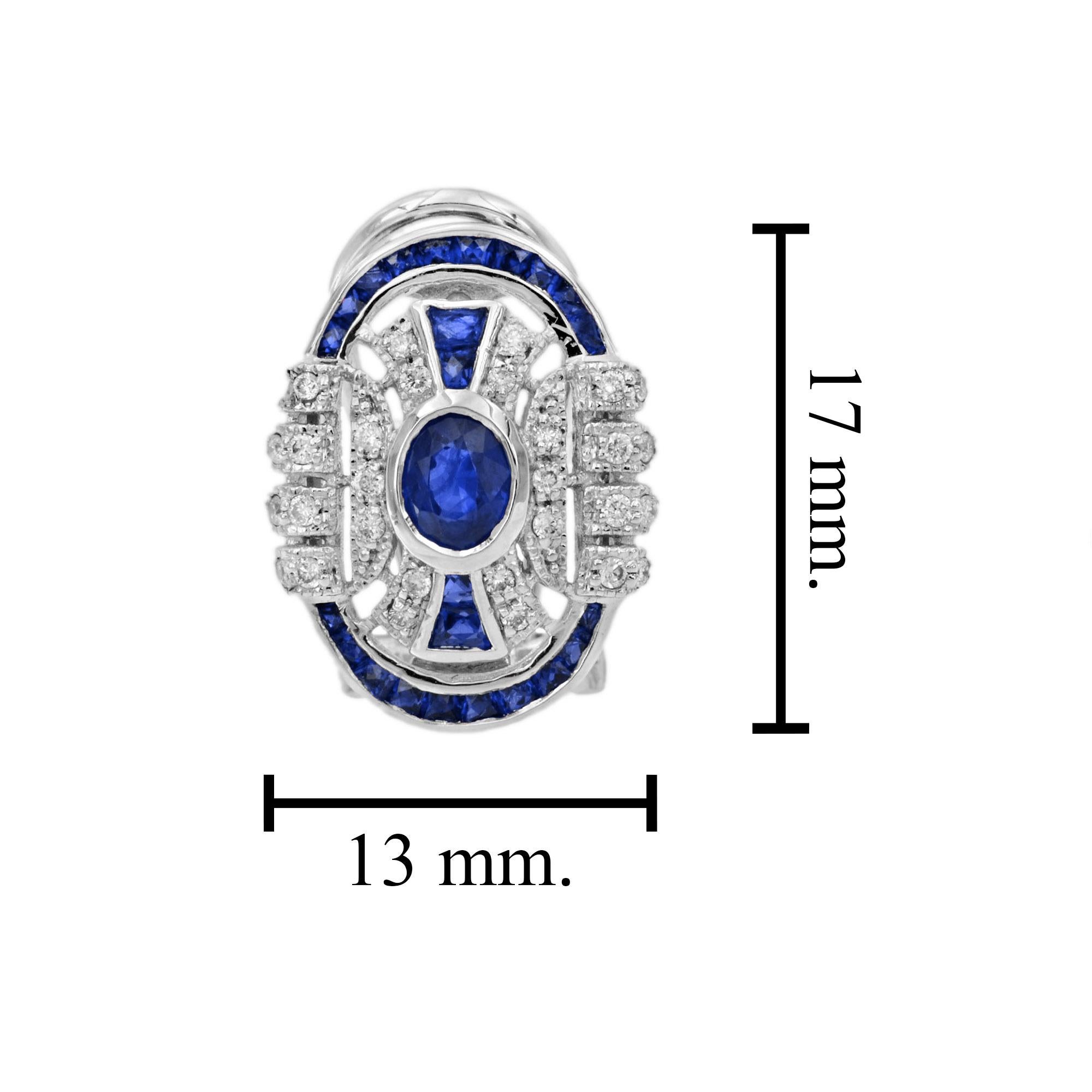 Taille ovale Boucles d'oreilles saphir bleu et diamant style Art Déco Omega en or blanc 14K en vente