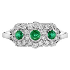 Grüner Smaragd & Diamant Antiker Stil Drei Stein 14K Weißgold Ring