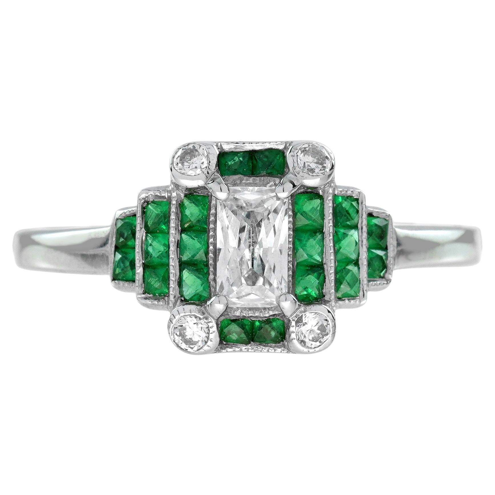 Diamant de forme rayonnante et émeraude verte Step  Bague en or blanc 14K de style Art déco