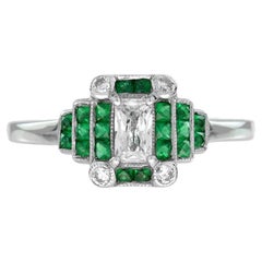 Radiant Shape Diamond & Green Emerald Step  Art Deco Stil 14K Weißgold Ring
