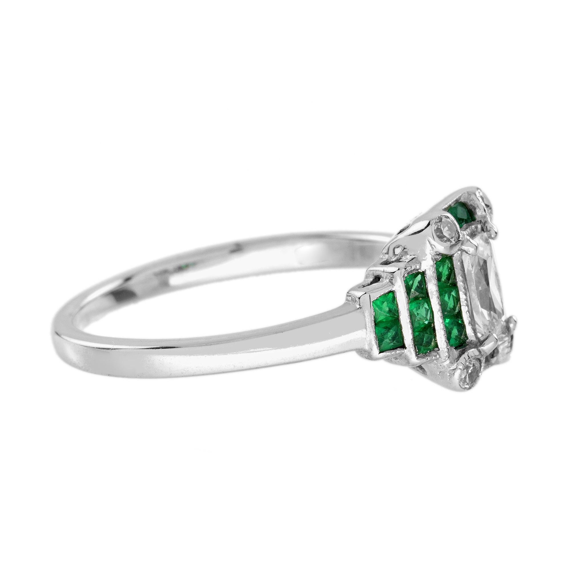 Taille radiant Diamant de forme rayonnante et émeraude verte Step  Bague en or blanc 14K de style Art déco en vente