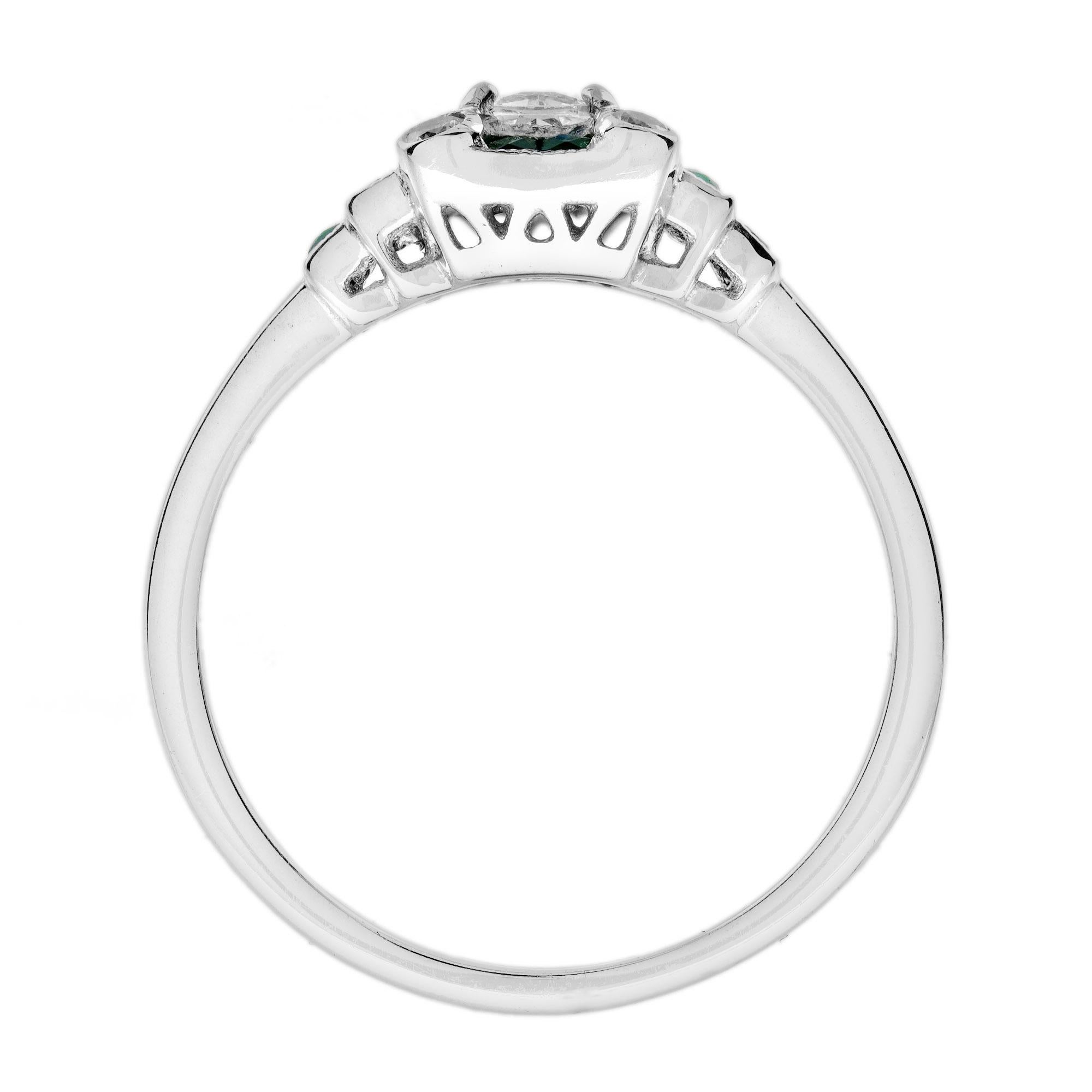 Diamant de forme rayonnante et émeraude verte Step  Bague en or blanc 14K de style Art déco Pour femmes en vente