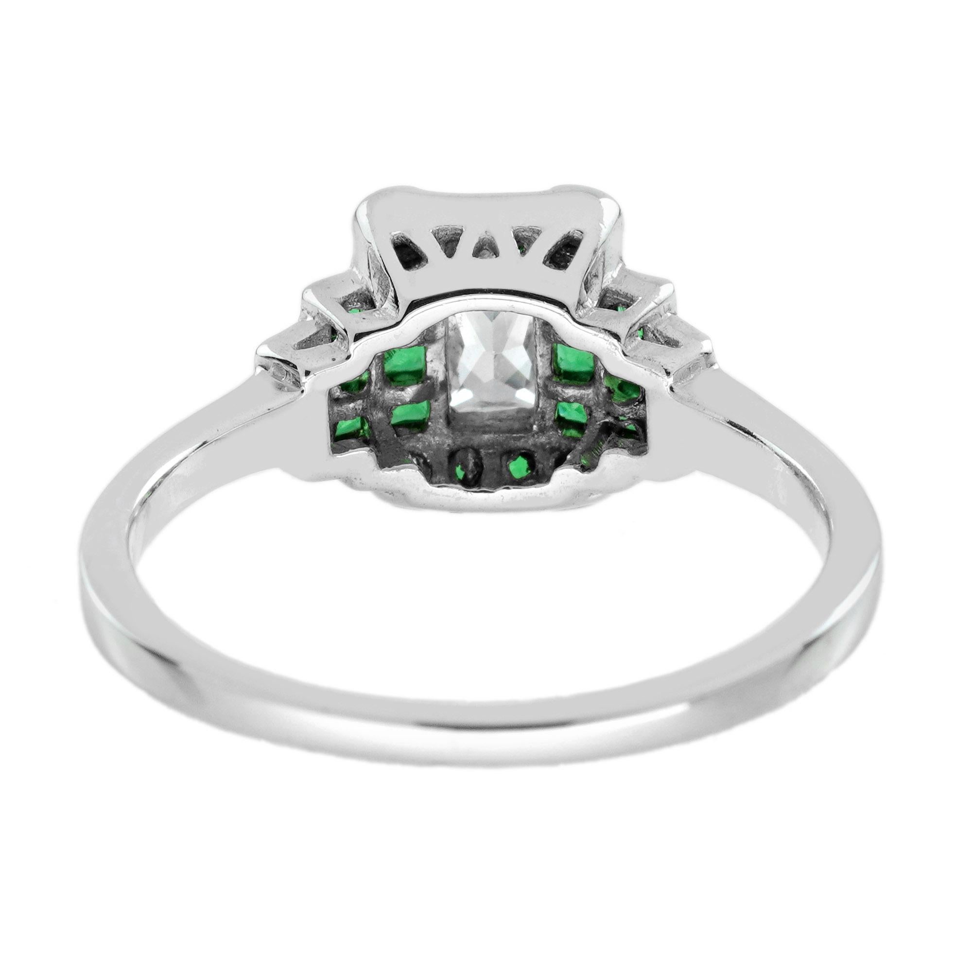 Diamant de forme rayonnante et émeraude verte Step  Bague en or blanc 14K de style Art déco Neuf - En vente à Oakton, VA