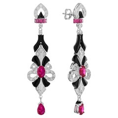 Rubin Onyx Diamant Art Deco Stil Tropfen 14K Weißgold Ohrringe