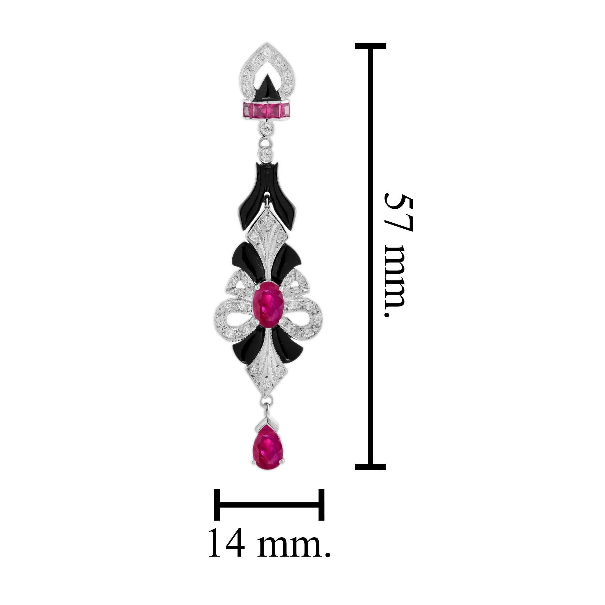 Taille ovale Boucles d'oreilles pendantes en or blanc 14 carats Rubis Onyx Diamant Style Art Déco en vente