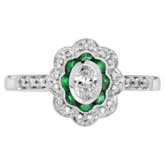 Oval Shape Brilliant Cut Diamond & Green Emerald Art Deco Style White Gold Ring