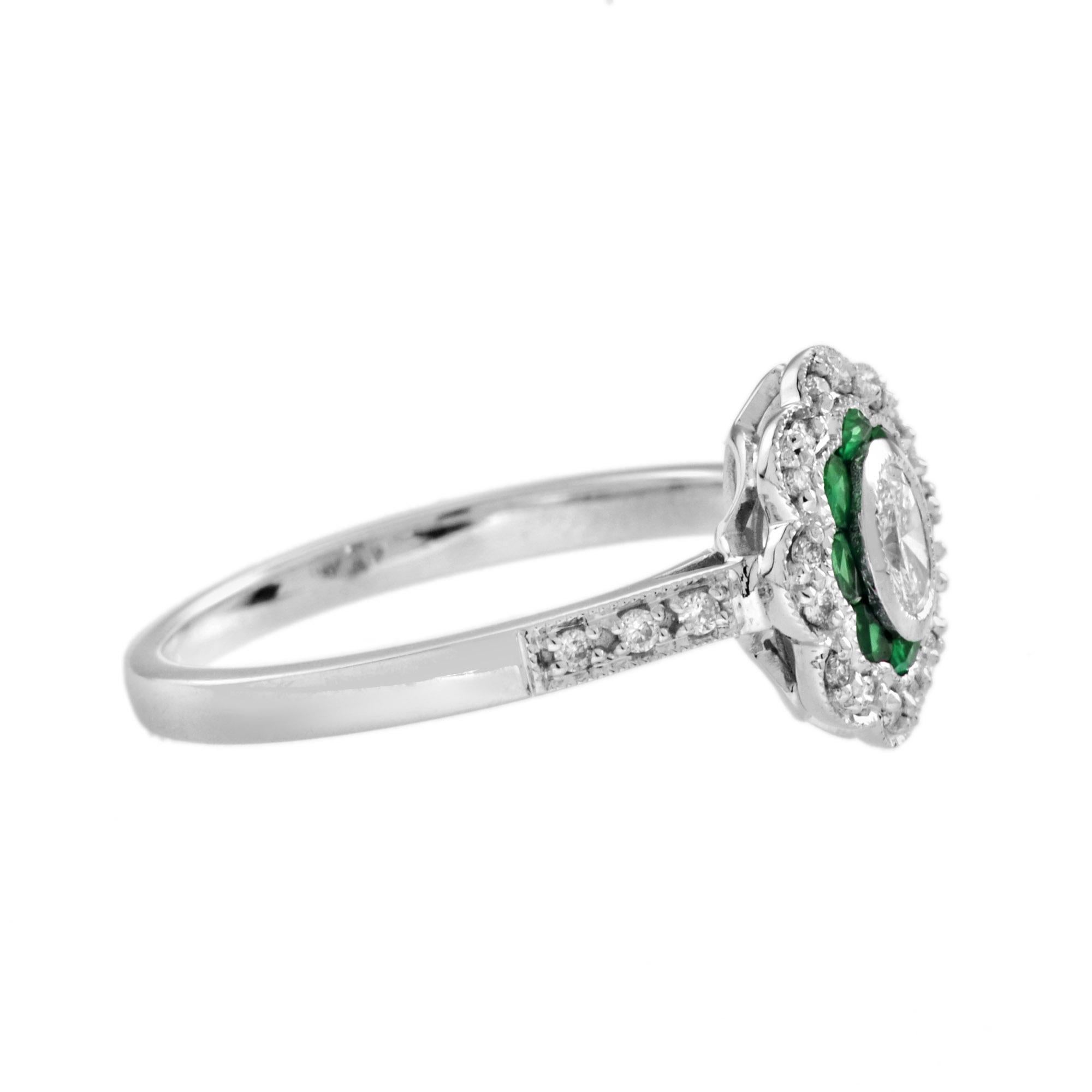 Art déco Bague en or blanc de forme ovale, diamant taille brillant et émeraude verte de style Artful Green en vente