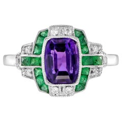 Purple Violet Amethyst & Emerald Diamond Art Deco Style 14K White Gold Ring