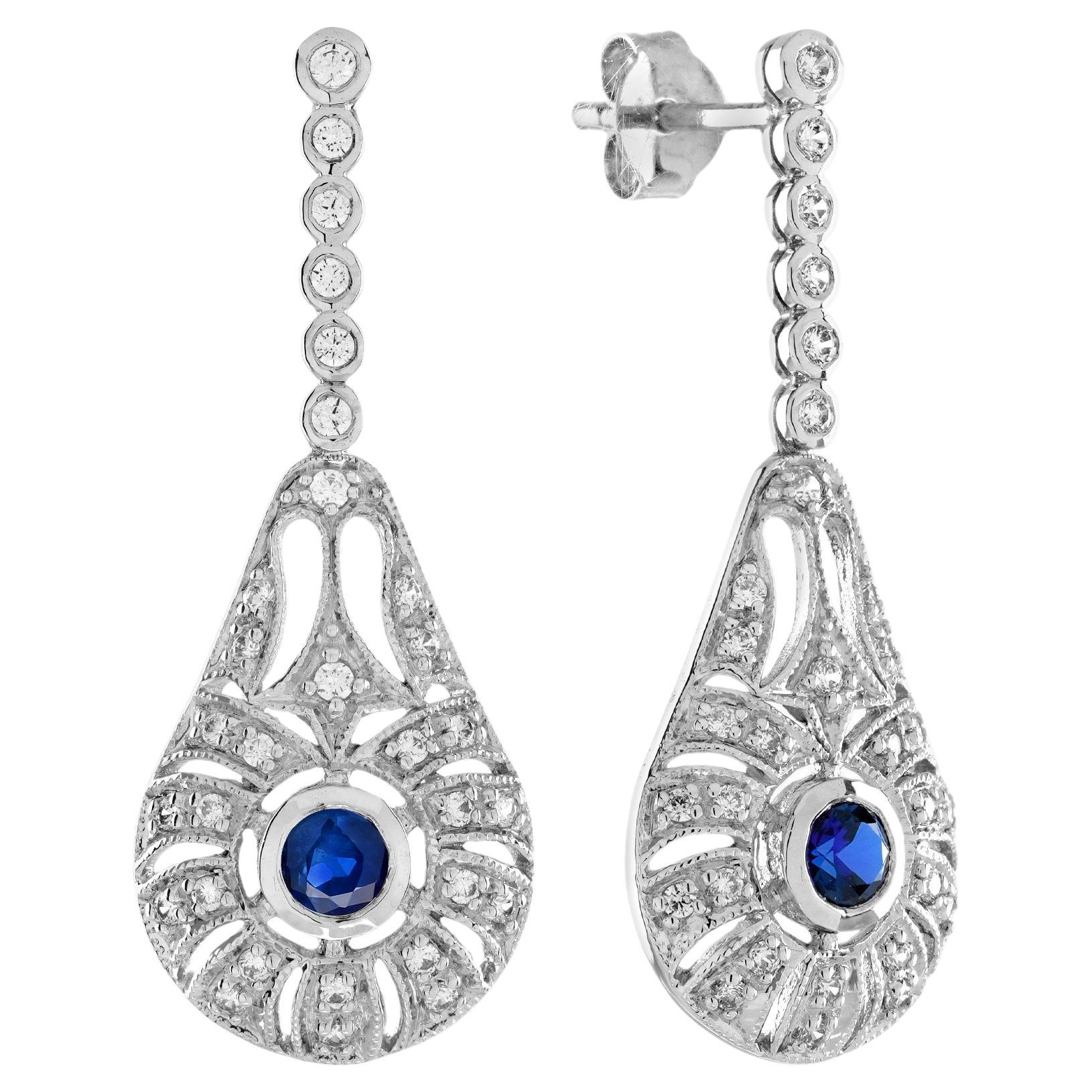 Boucles d'oreilles pendantes en or blanc 14K, saphir bleu, diamant, style Art Déco en vente