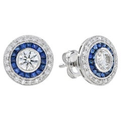 Art Deco Stil 4.4 Runde Diamanten Blauer Saphir Ohrstecker 14K Weißgold Ohrringe