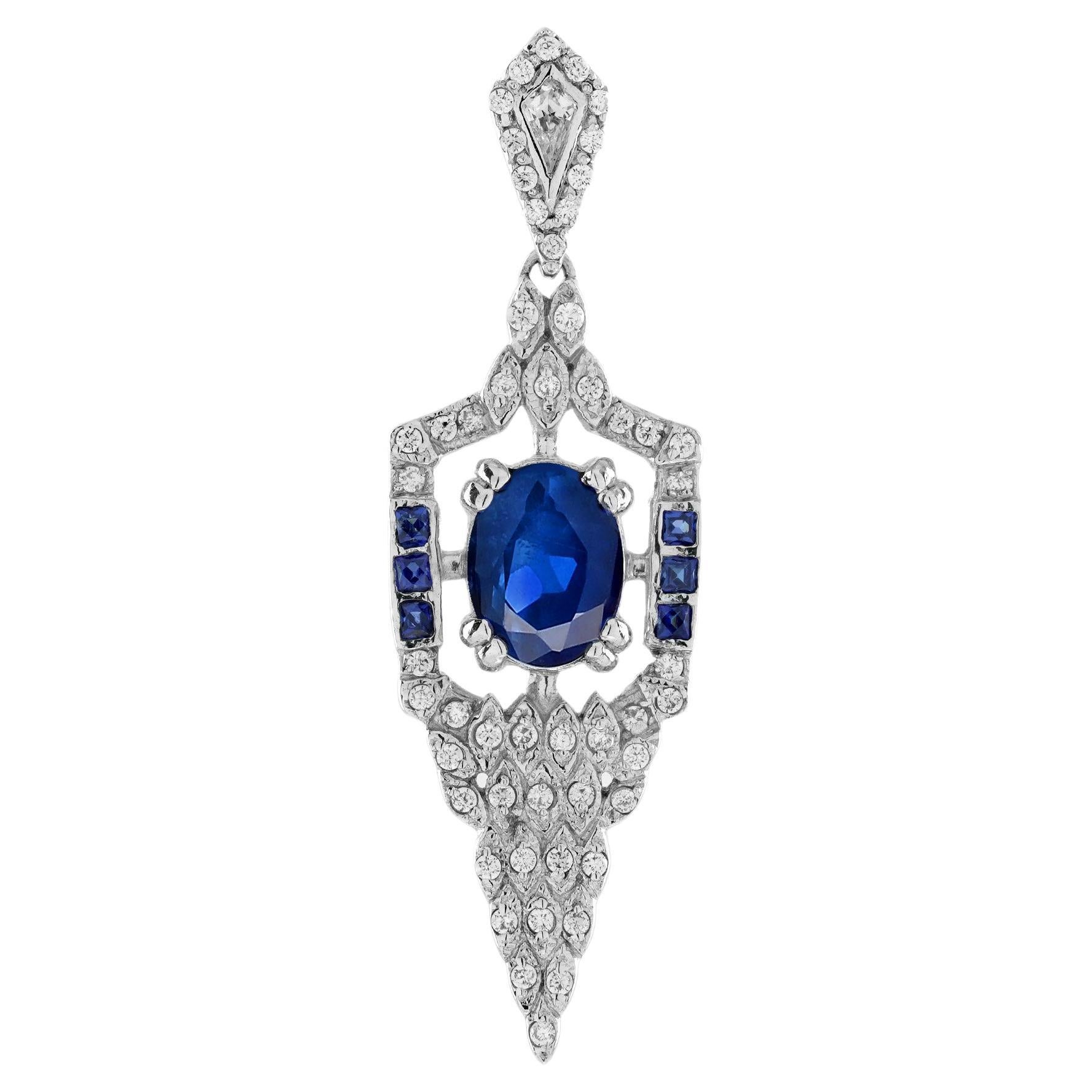Ovale Form Blauer Saphir Diamant Art Deco Stil 14K Weißgold Anhänger