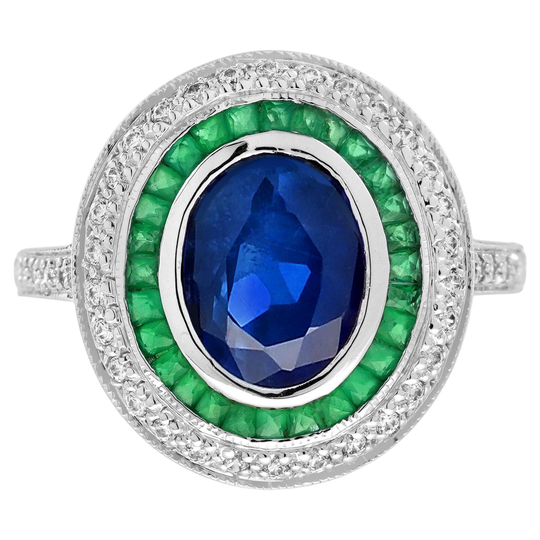 Ovaler Blauer Saphir & Smaragd Diamant Vintage Style Halo Weißgold Ring im Angebot